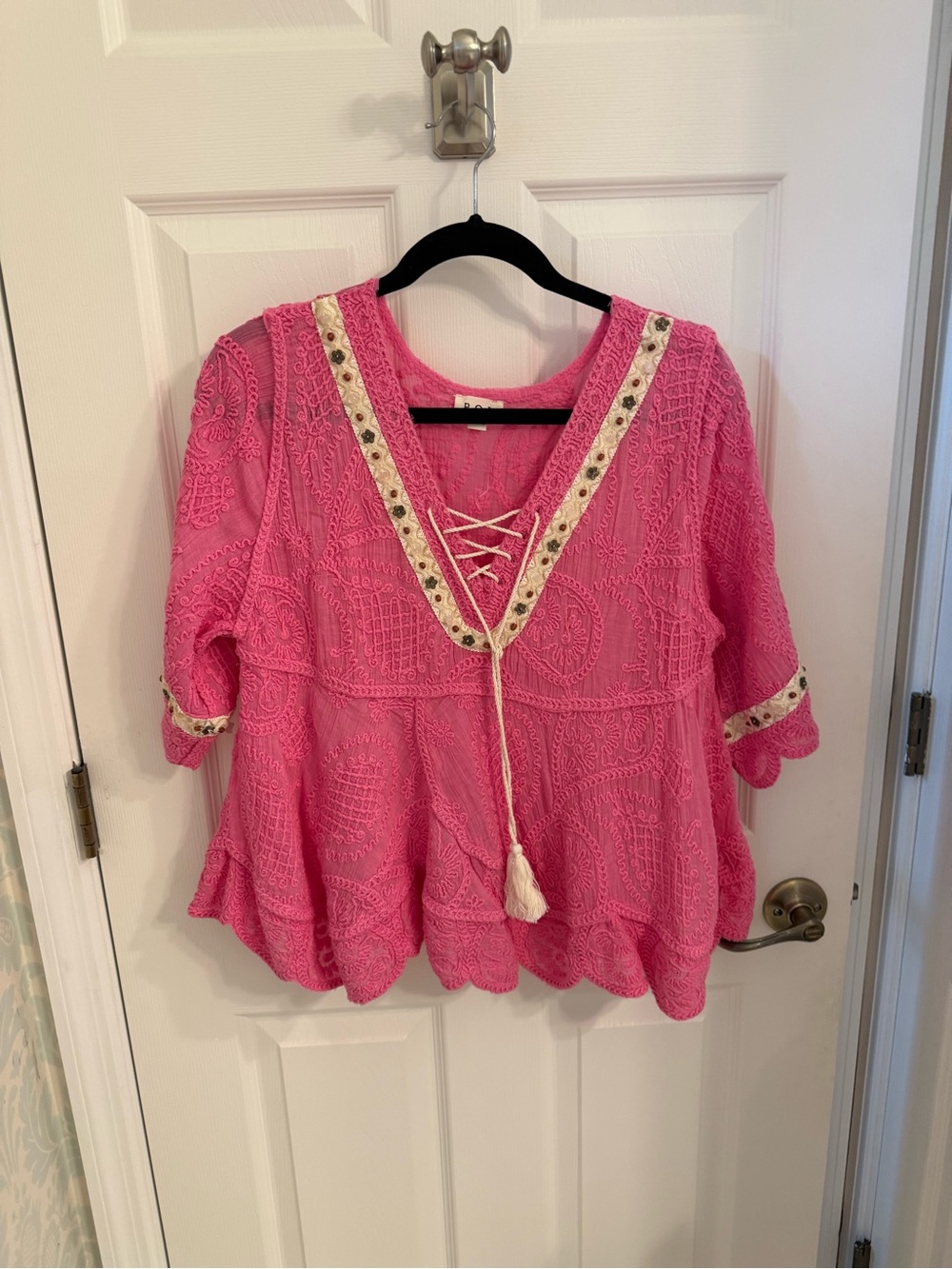 POL Pink Crochet Lace-Up Boho Blouse with Tassel NWOT